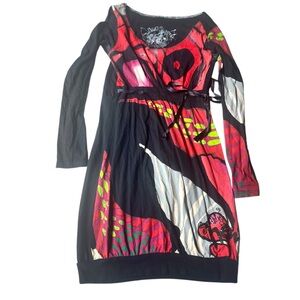 Desigual Graphic Print Mini Dress Cotton Hikaru Bubble Hem Long Sleeve